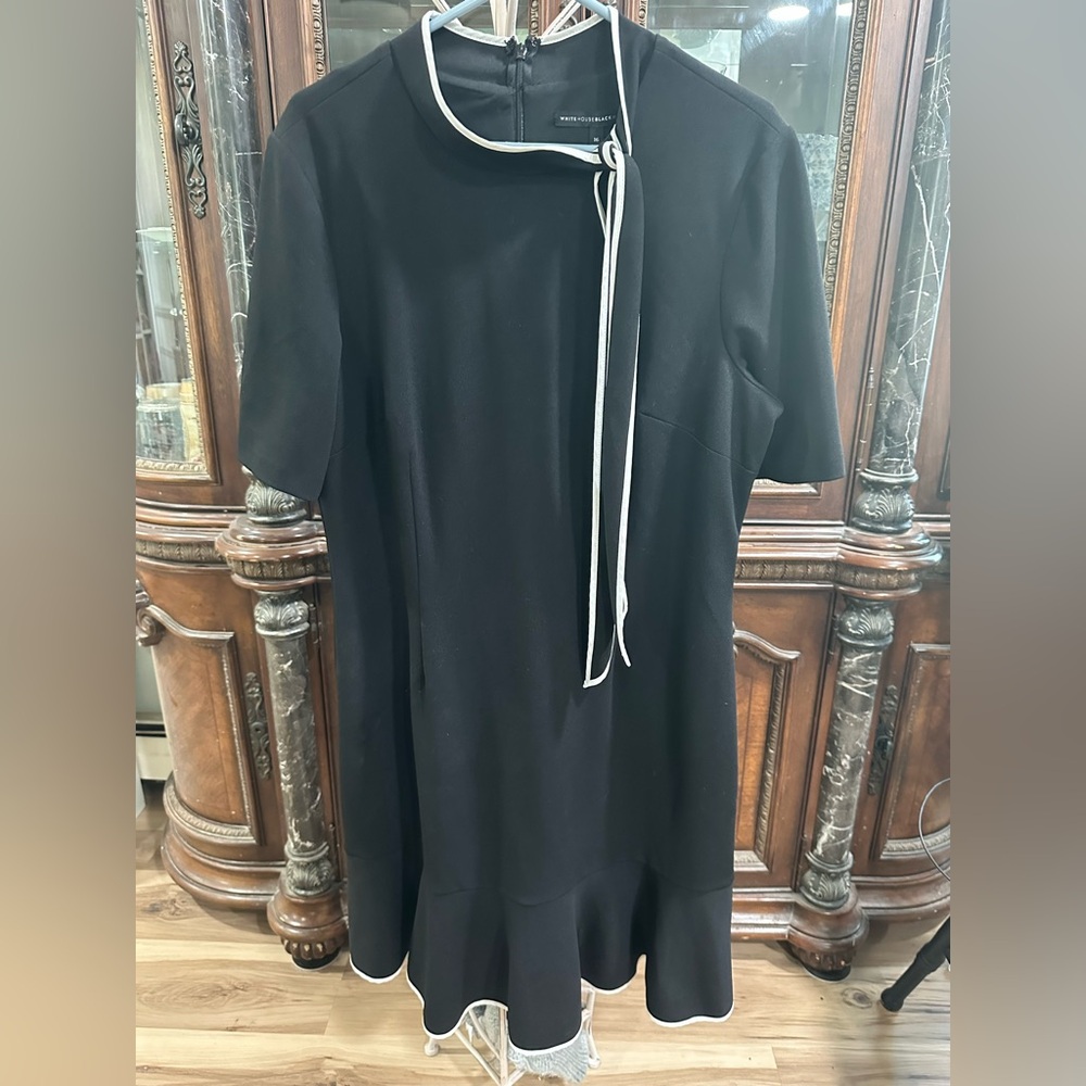 White House Black Market Classic Black & White Dress with Neck Tie & Ruffle 16